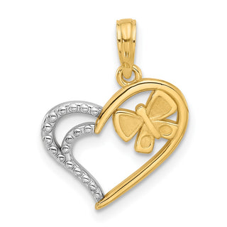 14K Yellow Gold with White Rhodium-plating Fancy Heart and Butterfly Charm D5474
