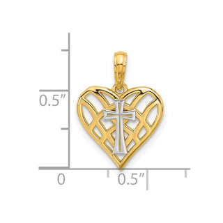 14K Yellow Gold and Rhodium-plating Fancy Heart and Cross Charm