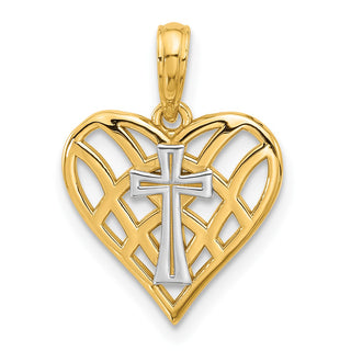 14K Yellow Gold and Rhodium-plating Fancy Heart and Cross Charm