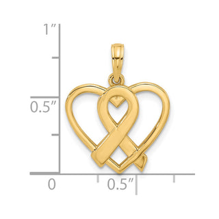 14K Yellow Gold Polished Awareness Ribbon and Heart Charm