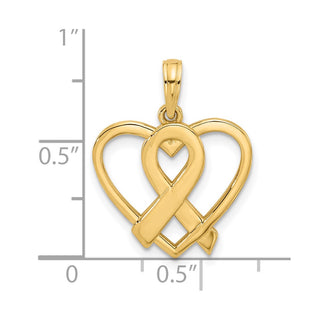 14K Yellow Gold Polished Awareness Ribbon and Heart Charm