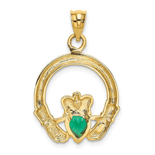 14k Yellow Gold Claddagh With Synthetic Green Stone Pendant