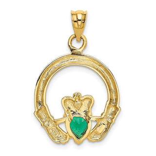 14k Yellow Gold Claddagh With Synthetic Green Stone Pendant