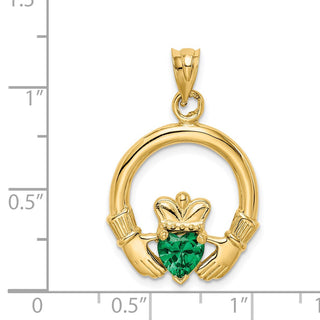 14k Yellow Gold Claddagh With Synthetic Green Stone Pendant