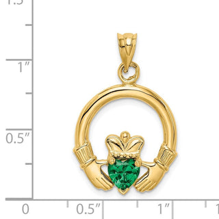 14k Yellow Gold Claddagh With Synthetic Green Stone Pendant