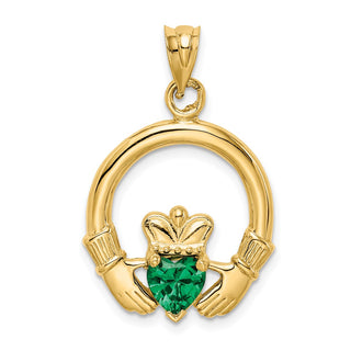 14k Yellow Gold Claddagh With Synthetic Green Stone Pendant