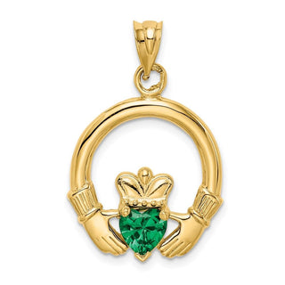 14k Yellow Gold Claddagh With Synthetic Green Stone Pendant