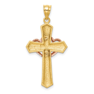 14k Yellow and Rose Gold Double Heart Fancy Cross Pendant
