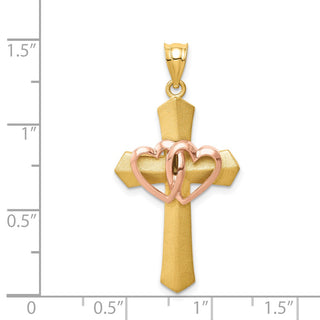 14k Yellow and Rose Gold Double Heart Fancy Cross Pendant