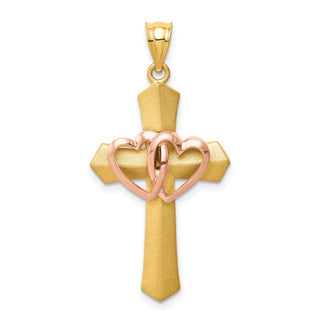 14k Yellow and Rose Gold Double Heart Fancy Cross Pendant