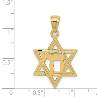 14k Yellow Gold Solid Polished Chai In Star Of David Pendant