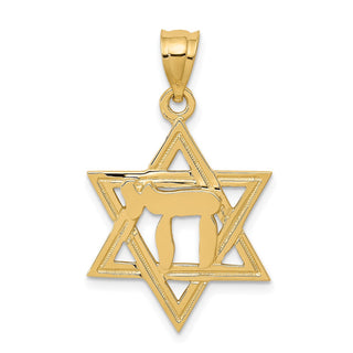 14k Yellow Gold Solid Polished Chai In Star Of David Pendant