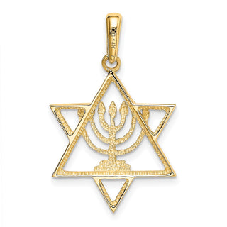 14k Yellow Gold and Rhodium Solid Menorah In Star Of David Pendant