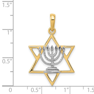 14k Yellow Gold and Rhodium Solid Menorah In Star Of David Pendant