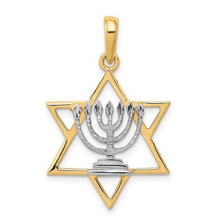14k Yellow Gold and Rhodium Solid Menorah In Star Of David Pendant