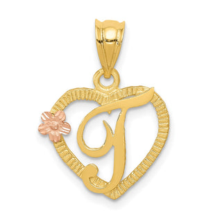 14k Yellow and Rose Gold Initial T In Heart Pendant