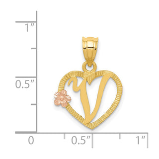14k Yellow and Rose Gold Initial V In Heart Pendant