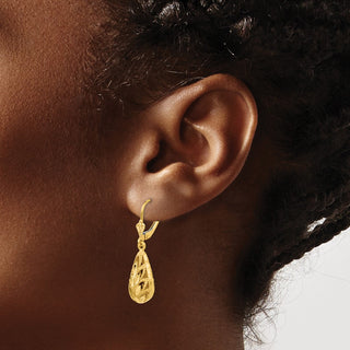 14k Yellow Gold 35mm Polished and Diamond-Cut Dangle Leverback Earrings