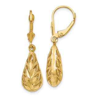 14k Yellow Gold 35mm Polished and Diamond-Cut Dangle Leverback Earrings