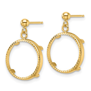 14k Yellow Gold Polished and Diamond-cut Classic 13.0mm Prong Coin Bezel Post Dangle Earrings