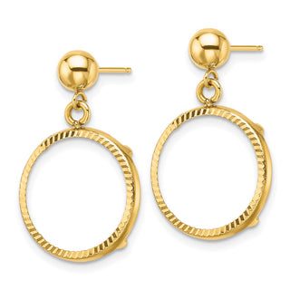 14k Yellow Gold Polished and Diamond-cut Classic 15.0mm Prong Coin Bezel Post Dangle Earrings