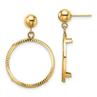 14k Yellow Gold Polished and Diamond-cut Classic 17.8mm Prong Coin Bezel Post Dangle Earrings