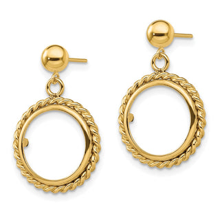 14k Yellow Gold Polished Twisted Wire 13.0mm Prong Coin Bezel Post Dangle Earrings