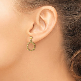 14k Yellow Gold Polished Twisted Wire 13.0mm Prong Coin Bezel Post Dangle Earrings