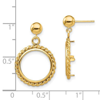14k Yellow Gold Polished Twisted Wire 13.0mm Prong Coin Bezel Post Dangle Earrings