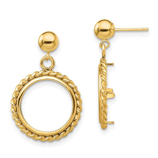 14k Yellow Gold Polished Twisted Wire 13.0mm Prong Coin Bezel Post Dangle Earrings