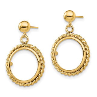 14k Yellow Gold Polished Twisted Wire 14.0mm Prong Coin Bezel Post Dangle Earrings