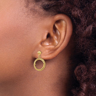 14k Yellow Gold Polished Twisted Wire 14.0mm Prong Coin Bezel Post Dangle Earrings