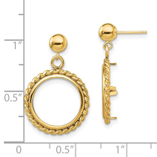 14k Yellow Gold Polished Twisted Wire 14.0mm Prong Coin Bezel Post Dangle Earrings