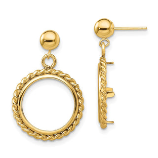 14k Yellow Gold Polished Twisted Wire 14.0mm Prong Coin Bezel Post Dangle Earrings