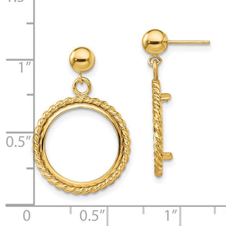 14k Yellow Gold Polished Twisted Wire 15.0mm Prong Coin Bezel Post Dangle Earrings