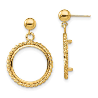14k Yellow Gold Polished Twisted Wire 15.0mm Prong Coin Bezel Post Dangle Earrings