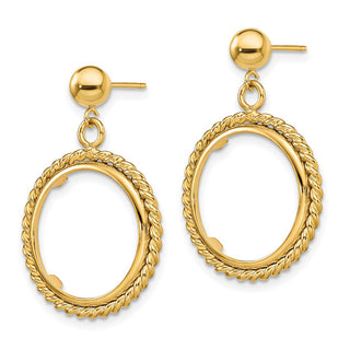 14k Yellow Gold Polished Twisted Wire 16.0mm Prong Coin Bezel Post Dangle Earrings