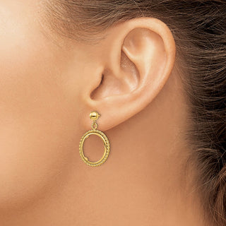 14k Yellow Gold Polished Twisted Wire 16.0mm Prong Coin Bezel Post Dangle Earrings