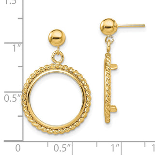 14k Yellow Gold Polished Twisted Wire 16.0mm Prong Coin Bezel Post Dangle Earrings