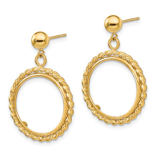 14k Yellow Gold Polished Twisted Wire 16.5mm Prong Coin Bezel Post Dangle Earrings