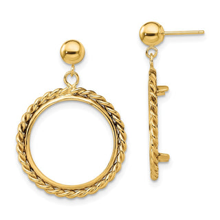 14k Yellow Gold Polished Twisted Wire 17.8mm Prong Coin Bezel Post Dangle Earrings