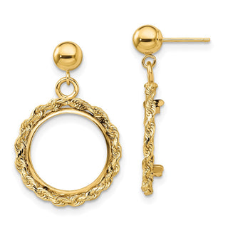 14k Yellow Gold Polished Rope 13.0mm Prong Coin Bezel Post Dangle Earrings