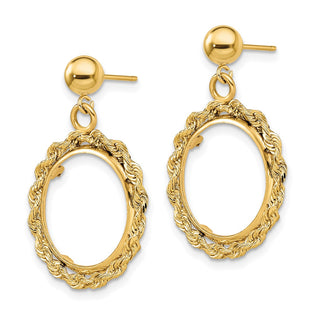 14k Yellow Gold Polished Rope 15.0mm Prong Coin Bezel Post Dangle Earrings