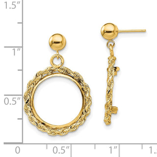 14k Yellow Gold Polished Rope 15.0mm Prong Coin Bezel Post Dangle Earrings