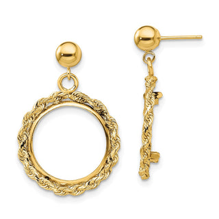 14k Yellow Gold Polished Rope 15.0mm Prong Coin Bezel Post Dangle Earrings