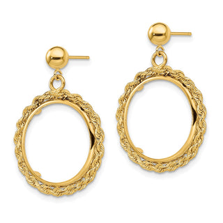 14k Yellow Gold Polished Rope 16.5mm Prong Coin Bezel Post Dangle Earrings