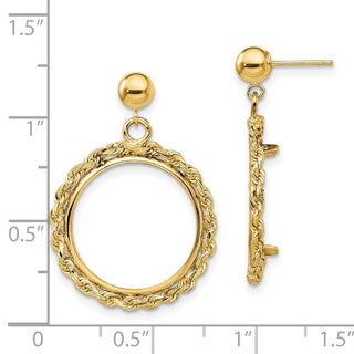 14k Yellow Gold Polished Rope 16.5mm Prong Coin Bezel Post Dangle Earrings
