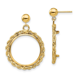 14k Yellow Gold Polished Rope 16.5mm Prong Coin Bezel Post Dangle Earrings