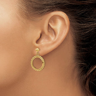 14k Yellow Gold Polished Rope 17.8mm Prong Coin Bezel Post Dangle Earrings