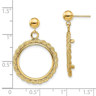 14k Yellow Gold Polished Rope 17.8mm Prong Coin Bezel Post Dangle Earrings